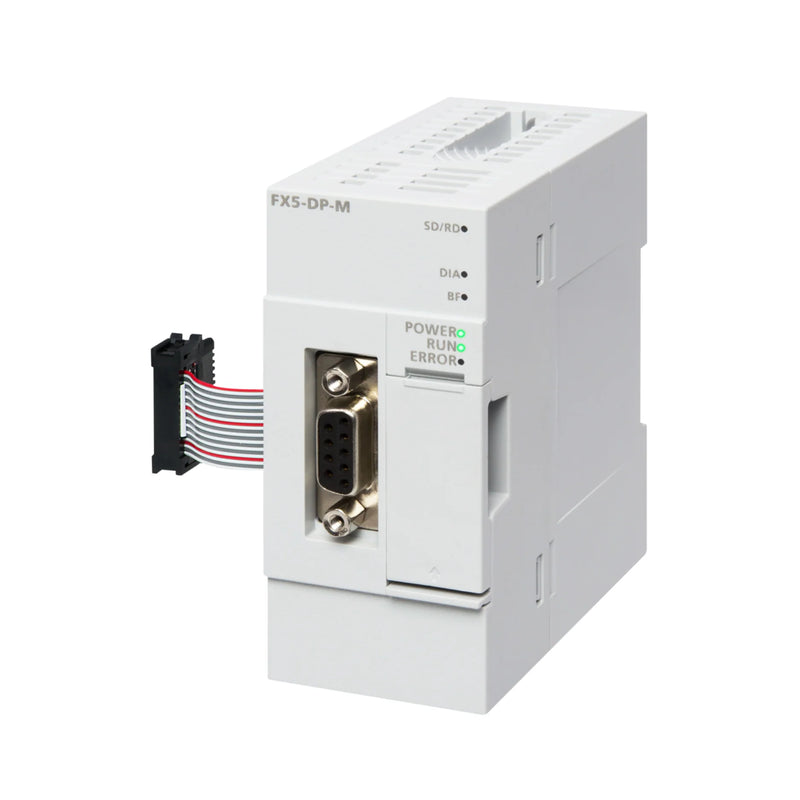 Módulo mestre Mitsubishi FX5-DP-M PROFIBUS-DP para PLCs FX5U/FX5UC em redes de comunicação industrial.