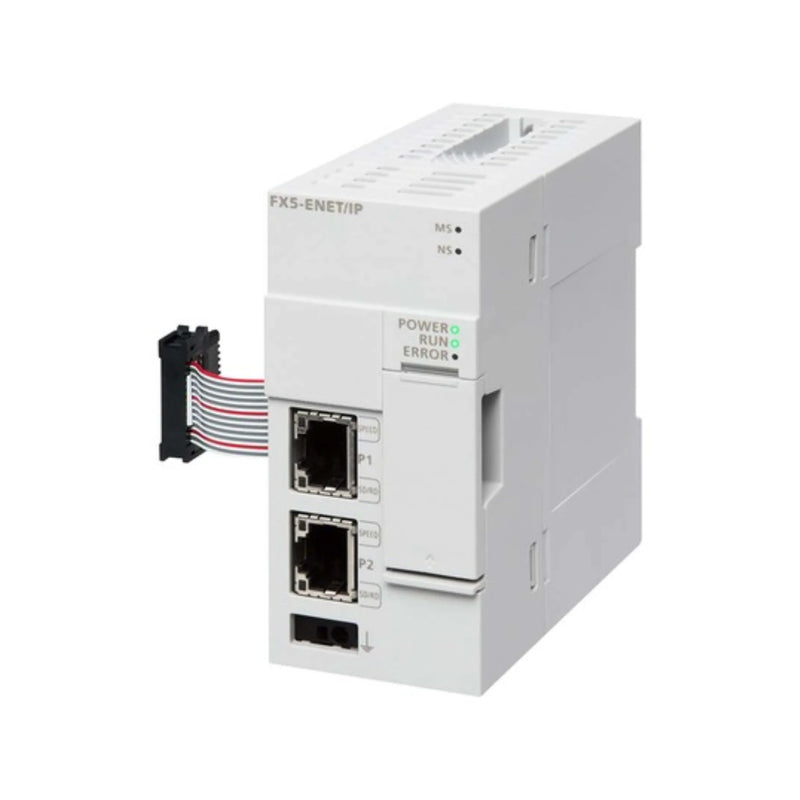 Módulo Ethernet/IP Mitsubishi FX5-ENET/IP para integração de redes industriais em PLCs FX5U e FX5UC.