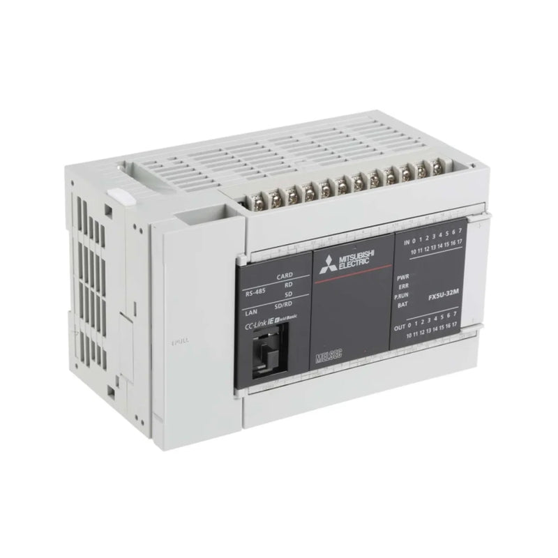 PLC compacto Mitsubishi FX5U-32MR/ES com 32 I/O, saídas de relé e 100-240 V AC para automação industrial versátil.