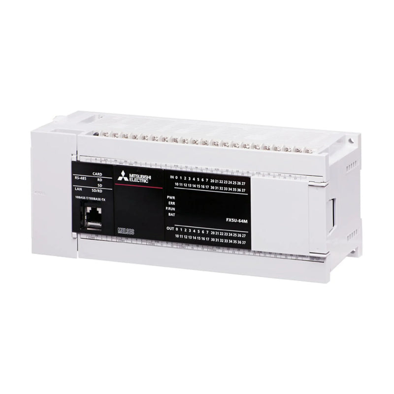 Controlador PLC Mitsubishi FX5U-64MT-DSS compacto, 64 E/S, saídas sink, terminais mola, 24V DC