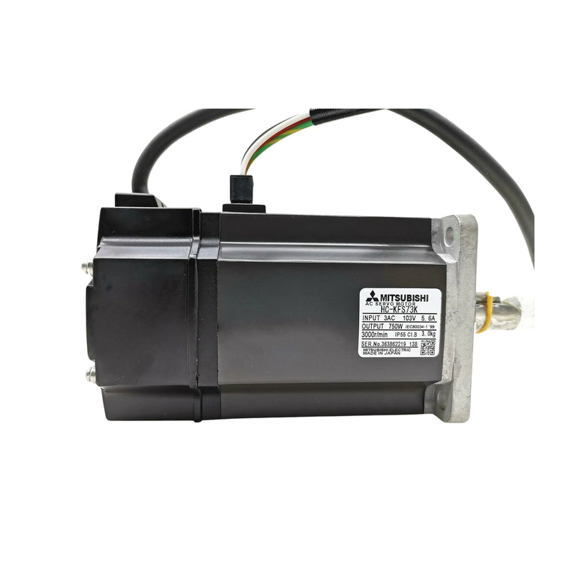 Motor servo Mitsubishi HC-KFS73K, 750W, 3000 RPM, 200V, com freio, motor compacto de baixa inércia.