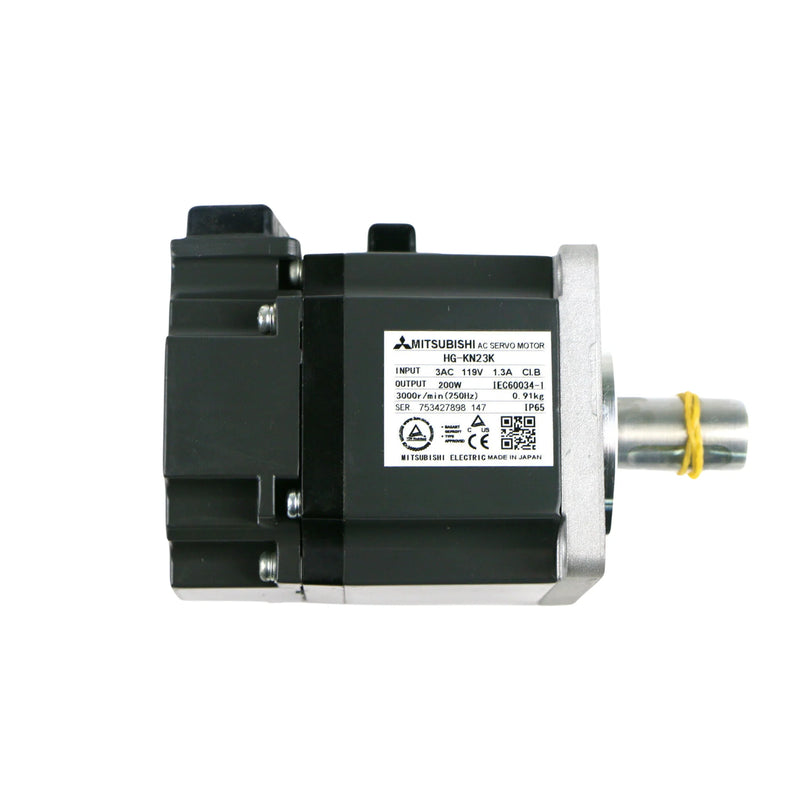 Servo Mitsubishi HG-KN23K 0,2 kW com eixo e encoder para sistemas de movimento compactos e precisos.