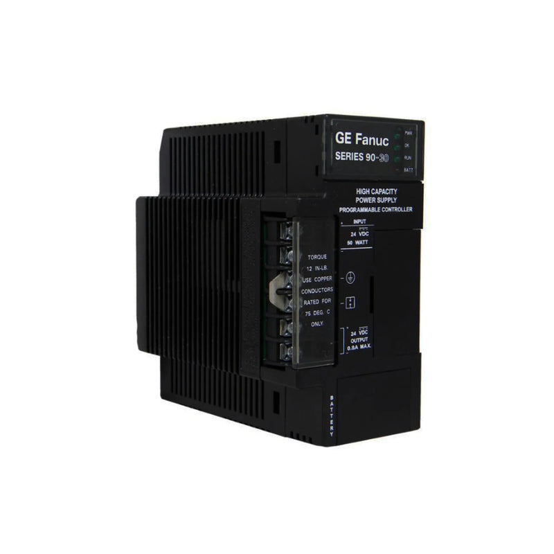 Fonte GE Fanuc IC693PWR331 Series 90-30 PLC com entrada AC/DC e porta para bateria backup.