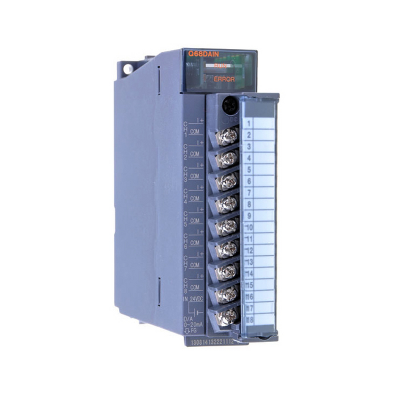 Módulo de saída analógica Mitsubishi Q68DAIN, 8 canais, 16 bits, saída de tensão e corrente, Q Series PLC.