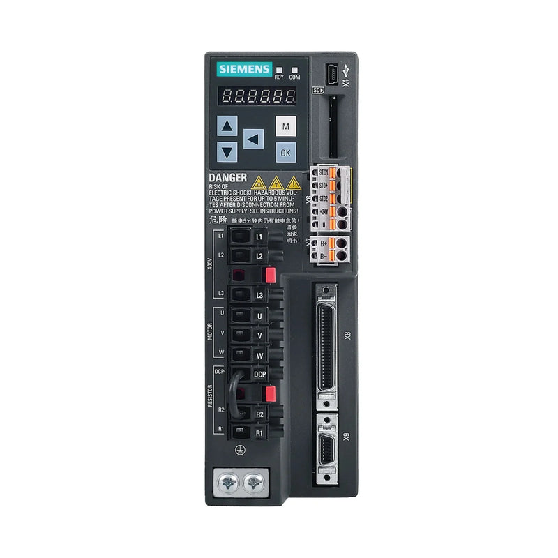 Módulo Siemens 6SL3210-5FE10-4UA0 SINAMICS S120, 400 V, 10 A, para controle de motor industrial.