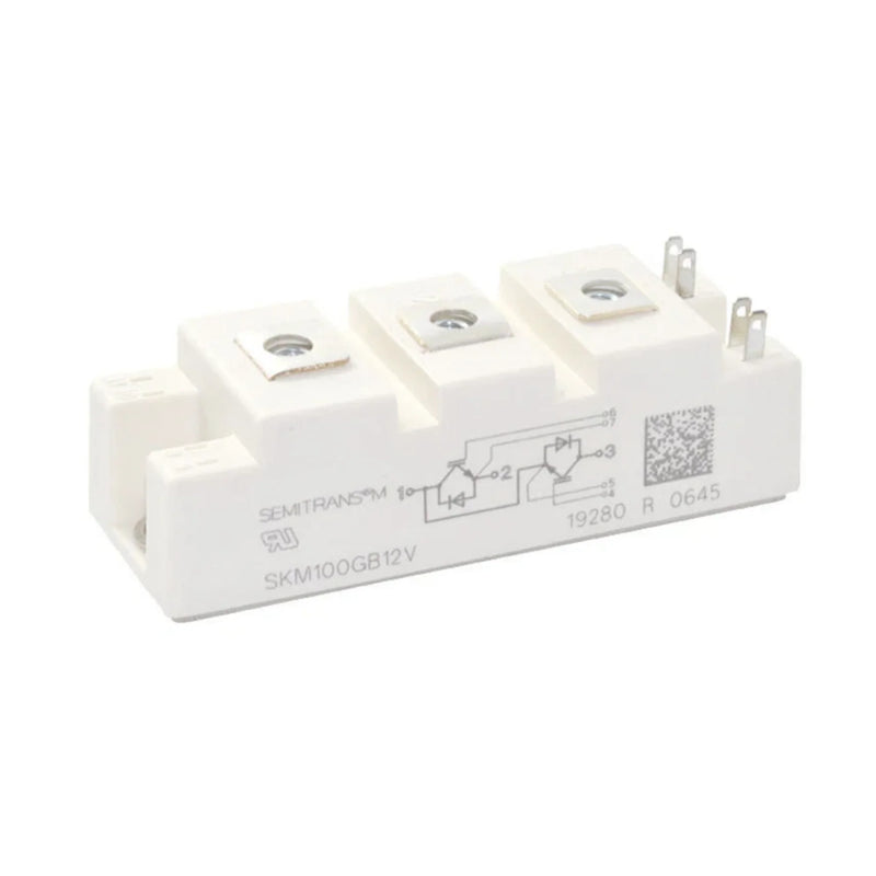Módulo IGBT Semikron SKM100GB12V 100A 1200V em encapsulamento SEMITRANS 2 para aplicações industriais.
