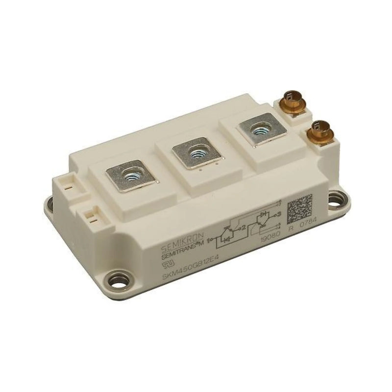 Módulo IGBT Semikron SKM450GB12E4 450A 1200V em encapsulamento SEMITRANS 2 para aplicações industriais.